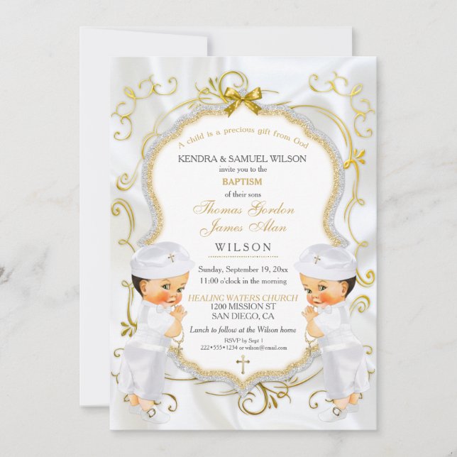 Invitación Niño Gemelos Bautismo Christening Gold Cruz Blanca (Anverso)