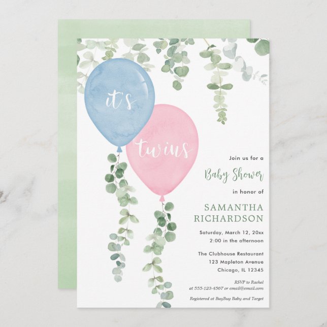 Invitación Niño gemelos chica globos rosa azul bebé ducha (Anverso / Reverso)