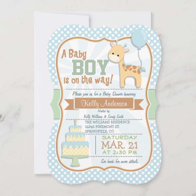 Invitación Niño Giraffe, Pastel Baby Shower Invitado (Anverso)