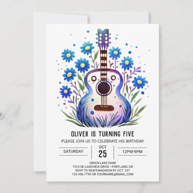 Invitación Niño Guitarra Acústico Impreso Cumpleaños (Anverso)