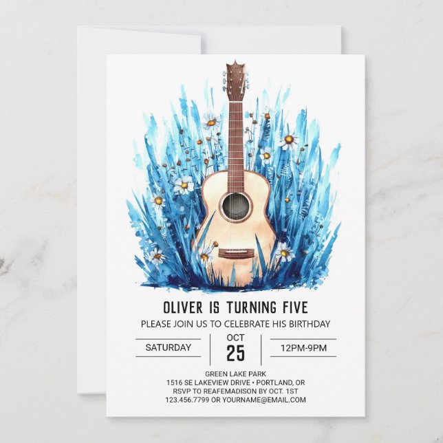 Invitación Niño Guitarra Acústico Impreso Cumpleaños (Anverso)