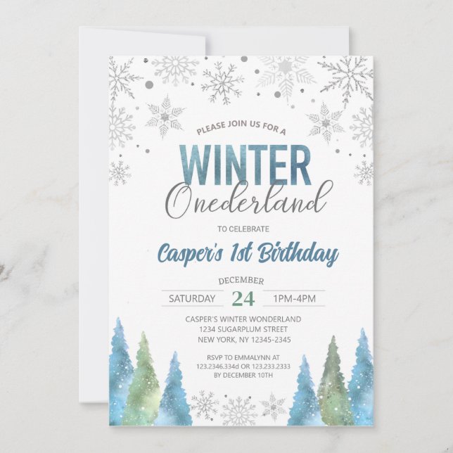 Invitación Niño Invierno de Onederland Snowflakes Primer cump (Anverso)