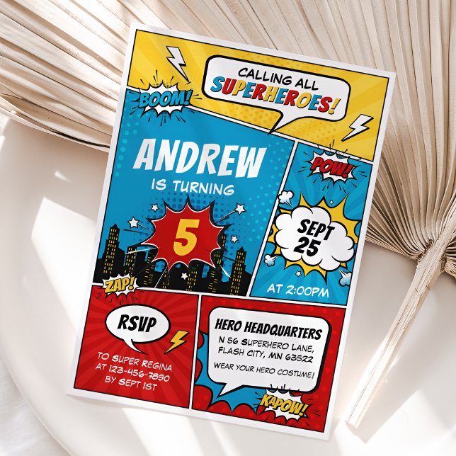 Invitación Niño invitado a cumpleaños de súper héroe cómico (Superhero Comic Birthday Invitation for Boy)