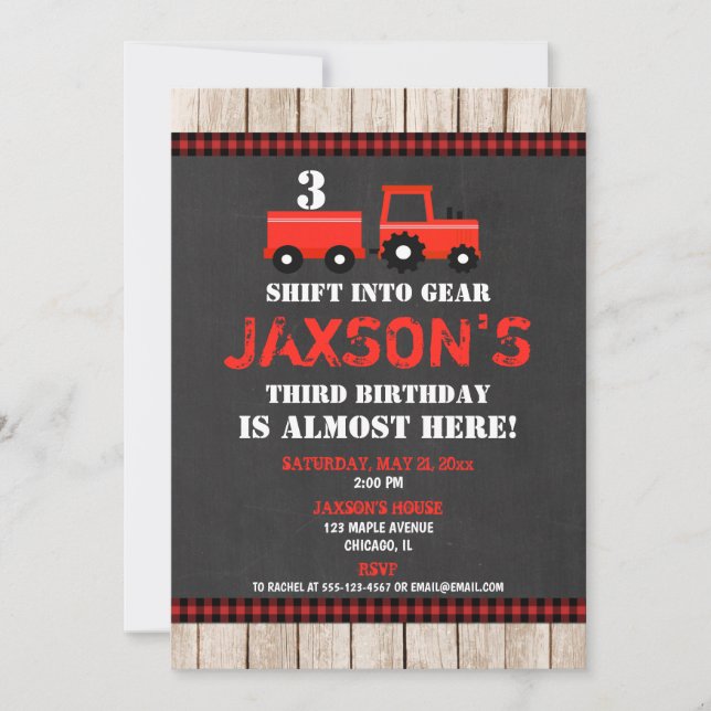 Invitación Niño invitado por cumpleaños de un tractor rojo (Anverso)