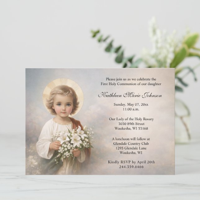 Invitación Niño Jesús de Primera Comunión con Lirios (Anverso de pie)