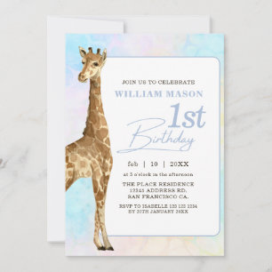 Invitación Niño Jirafa Adorable Cumpleaños 1 Azul