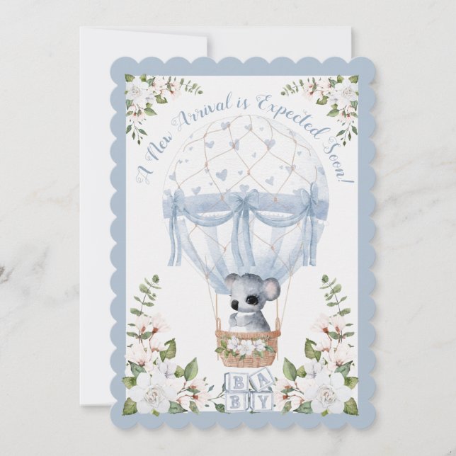 Invitación Niño Koala Azul Balón de aire caliente Floral acua (Anverso)