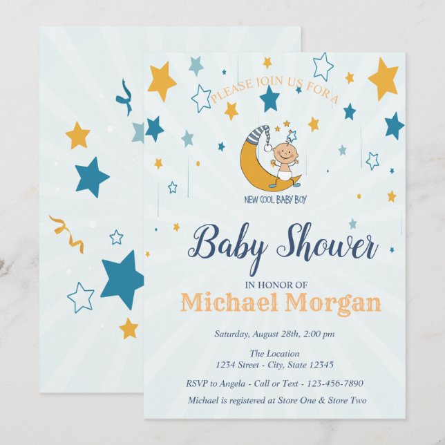 Invitación Niño lindo, Baby Shower de estrellas (Anverso / Reverso)