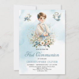 Invitación Niño lindo flores blancas azules palomas Primera c