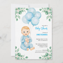 Invitación Niño lindo globos azules eucalipto modernos 