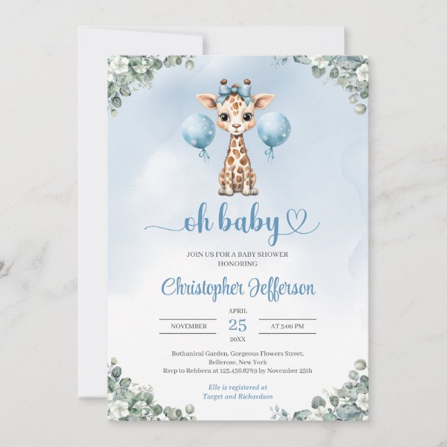 Invitación Niño lindo jirafa eucalipto ducha bebé (Anverso)