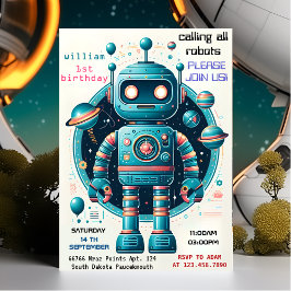 Invitación niño lindo Toy divertido robot primero 1er cumplea