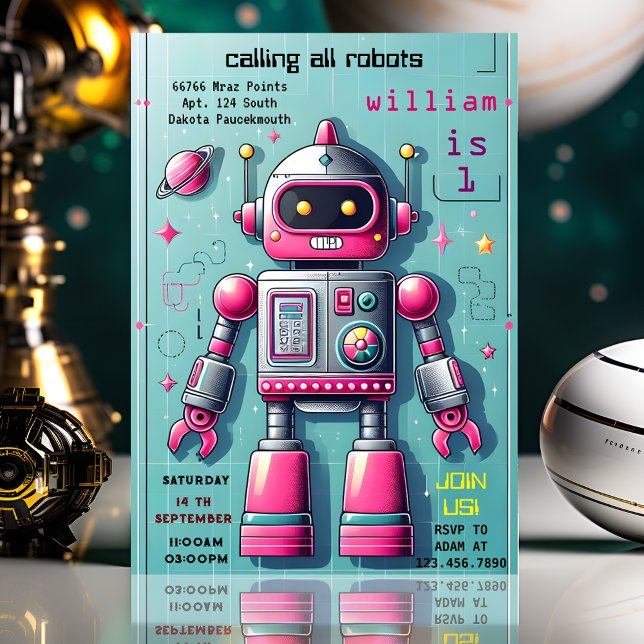 Invitación niño lindo Toy divertido robot primero 1er cumplea (Subido por el creador)