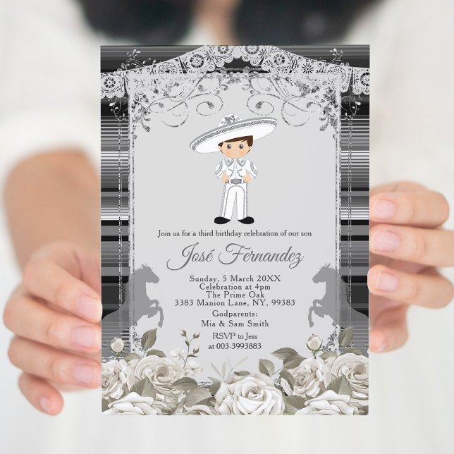 Invitación Niño mexicano blanco y plateado tercer cumpleaños (Subido por el creador)