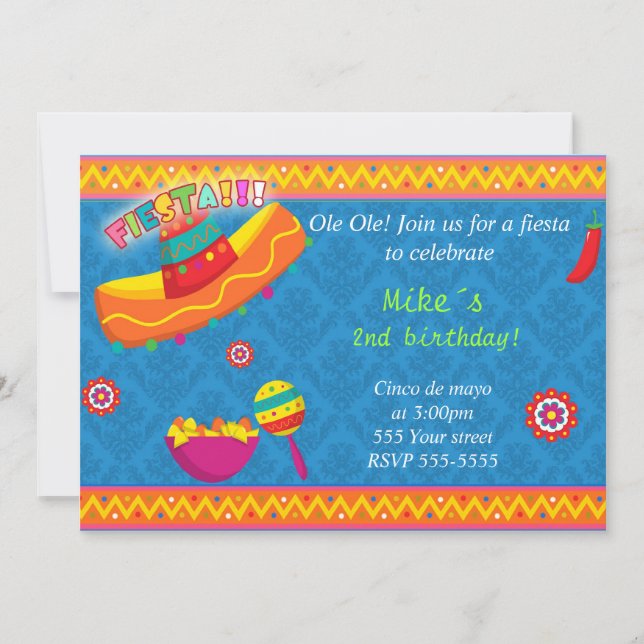 Invitación Niño mexicano invitado a la Fiesta Azul cumpleaños (Anverso)