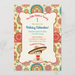 Invitación Niño Mexicano Pequeño Sombrero Español Colorido