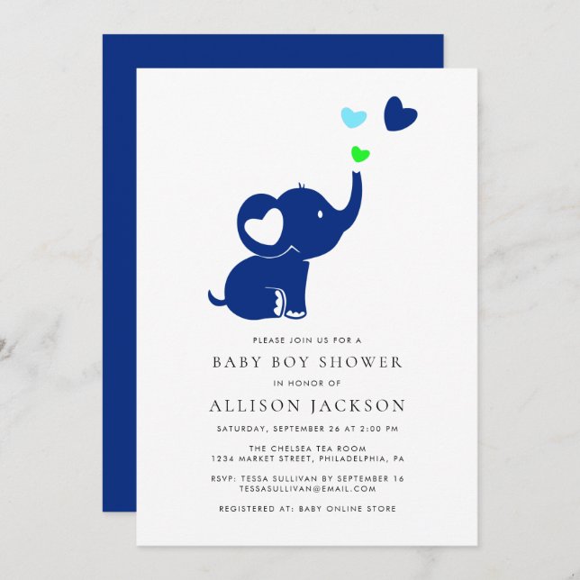 Invitación Niño Mínimo Ducha Corazón de Elefante Azul (Anverso / Reverso)