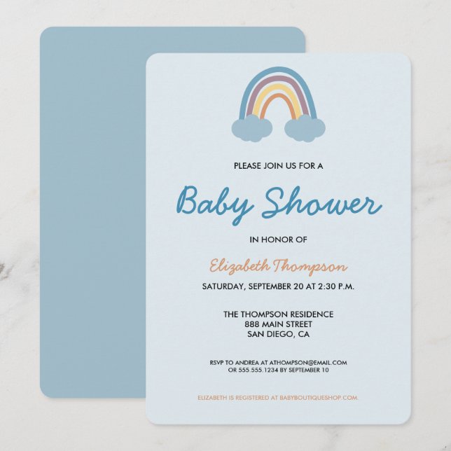Invitación Niño moderno azul arcoiris Baby Shower (Anverso / Reverso)