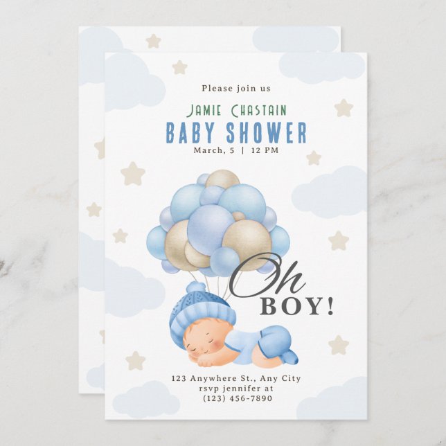 Invitación Niño moderno azul beige con ducha de bebé con glob (Anverso / Reverso)