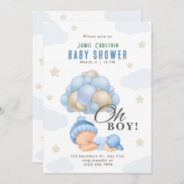 Invitación Niño moderno azul beige con ducha de bebé con glob