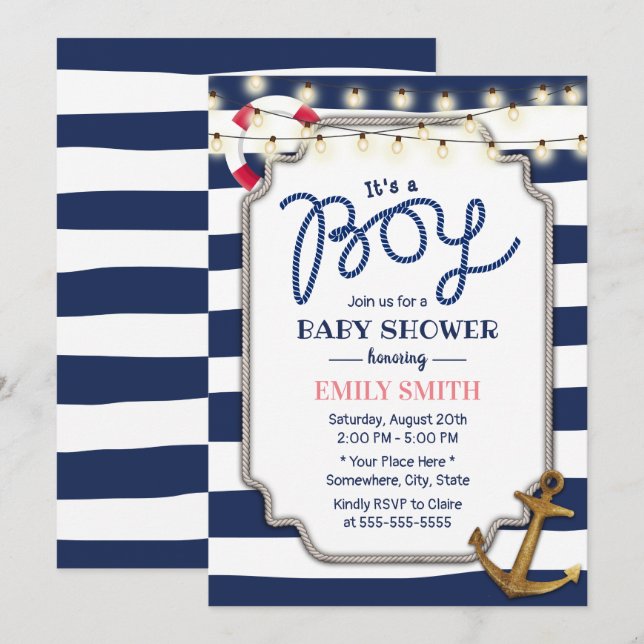 Invitación Niño Náutico Baby Shower Banda de la Marina de Oro (Anverso / Reverso)