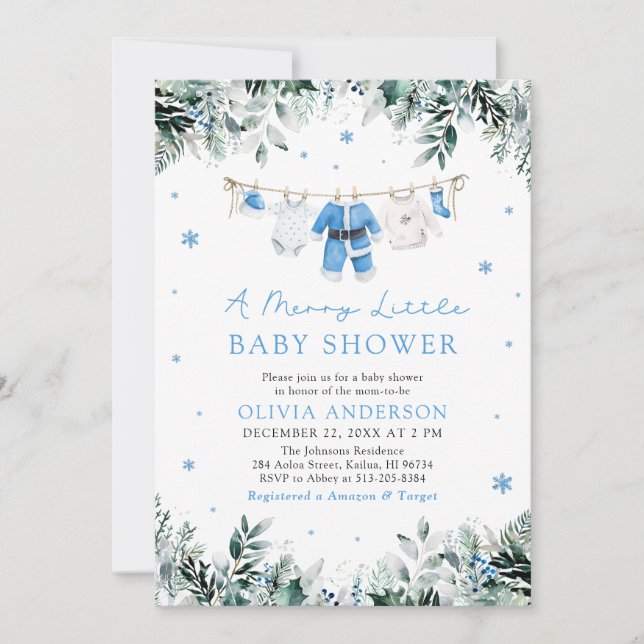 Invitación Niño navidad Azul Un Feliz Baby Shower (Anverso)