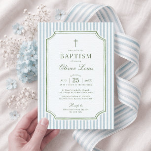 Invitación Niño Niña Bautizo Verde Raya Sage Azul