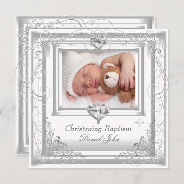 Invitación Niño Niña Blanco Bautizo Bautismo Cruz (Anverso / Reverso)