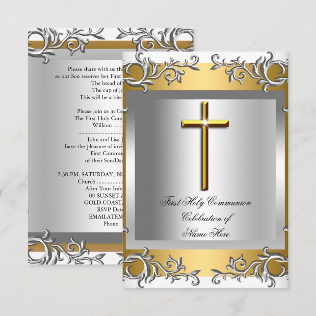 Invitación Niño Niña Primera Comunión Plata Oro (Anverso / Reverso)