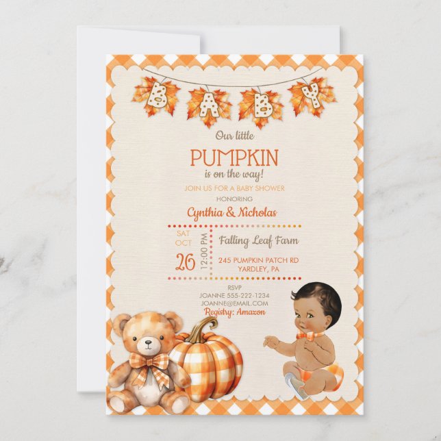 Invitación Niño niño Otoño Teddy Bear Hojas de calabaza (Anverso)