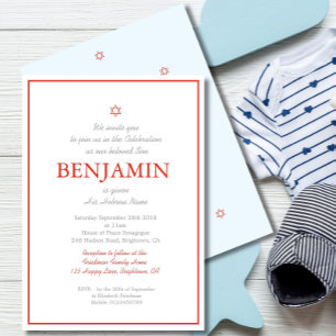 Invitación Niño Nombrando Ceremonia Hebreo Azul Rojo Judío He