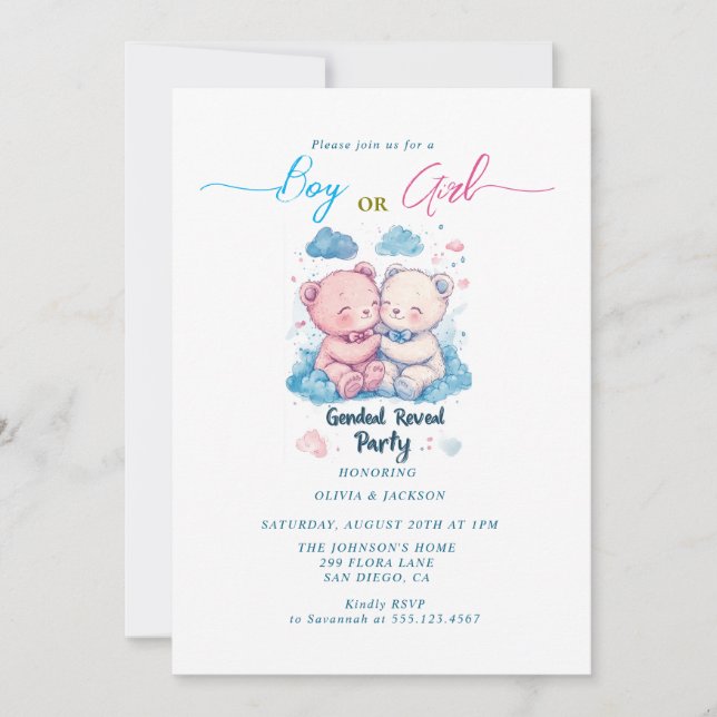 Invitación Niño o Chica osos de peluche Fiesta de Revelación  (Anverso)