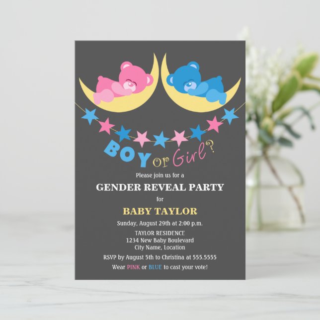 Invitación Niño O Chica Teddy Osos Fiesta De Revelación De Gé (Anverso de pie)