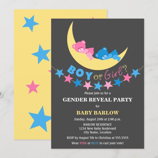 Invitación Niño O Chica Teddy Osos Fiesta De Revelación De Gé (Anverso / Reverso)