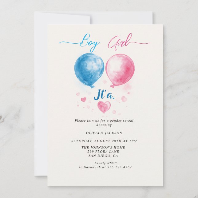Invitación Niño o Chica y globos Fiesta de revelación de géne (Anverso)