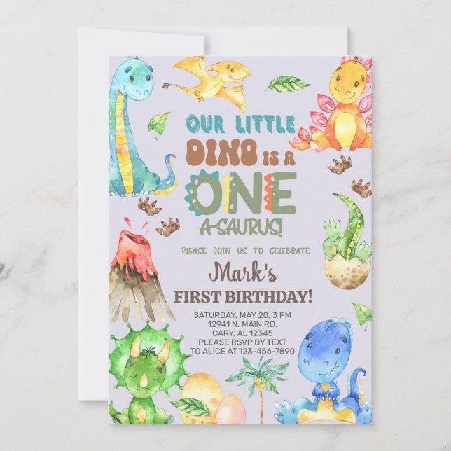 Invitación Niño ONE-A-SAURUS 1er cumpleaños. (Anverso)