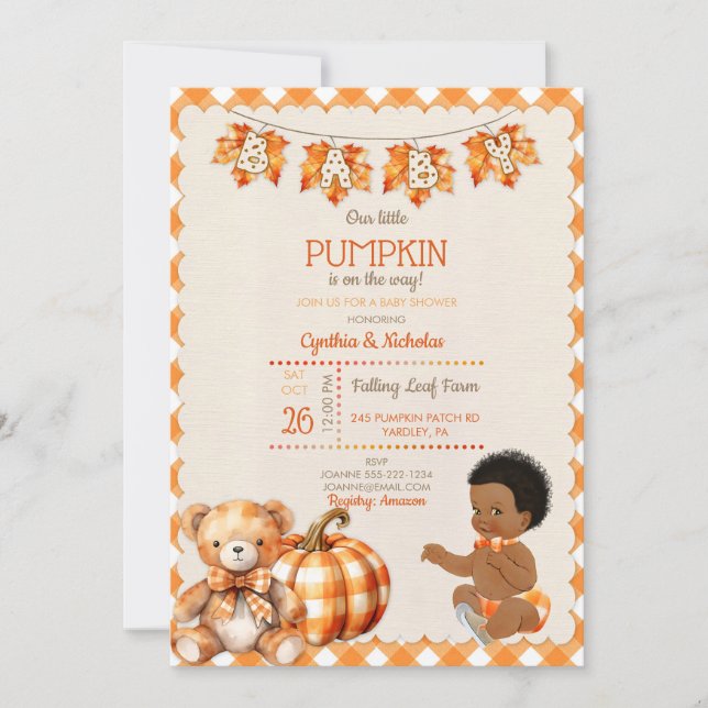 Invitación Niño Otoño Cuadro Oso de Peluche Calabaza Hojas (Anverso)