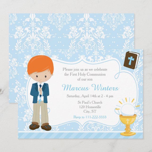Invitación Niño Pelirrojo Primera Comunión Damask (Anverso / Reverso)