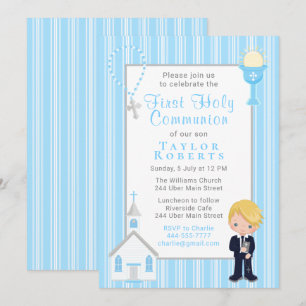 Invitación niño pelo rubio rayas azules Primera Co