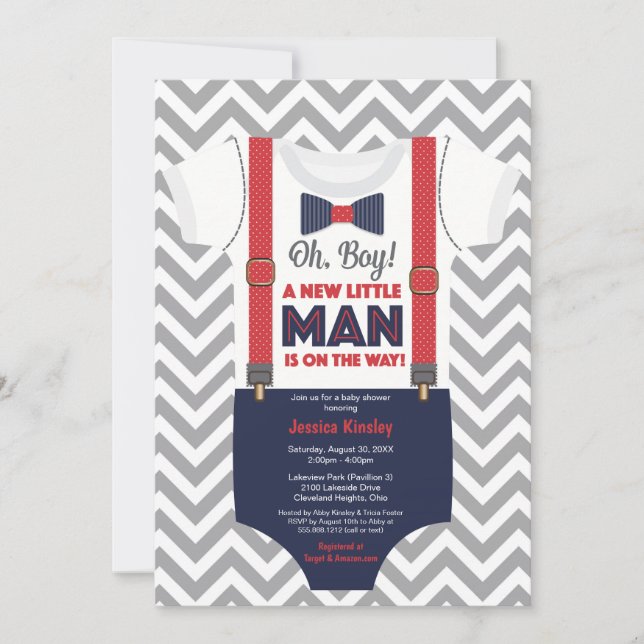 Invitación Niño pequeño Baby Shower, azul marino y rojo (Anverso)