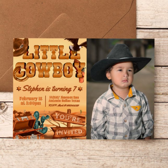 Invitación Niño pequeño con foto (Little Cowboy -  Boy Birthday Landscape Invitation with Picture)
