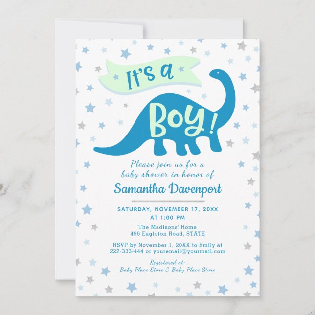 Invitación Niño pequeño duerme tema azul dinosaurio es niño (Anverso)