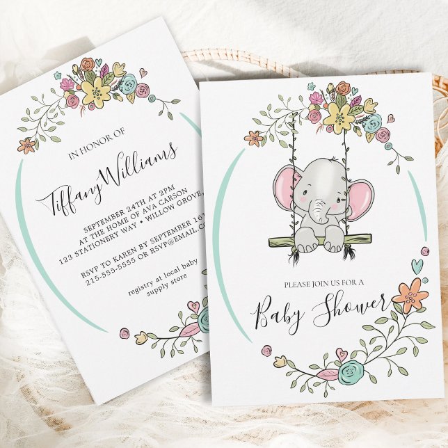 Invitación Niño pequeño elefante niño floral Baby Shower (Subido por el creador)