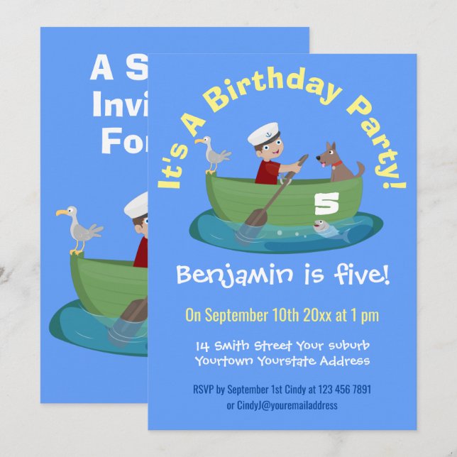 Invitación Niño pequeño marinero y personalizado de un bote d (Anverso / Reverso)