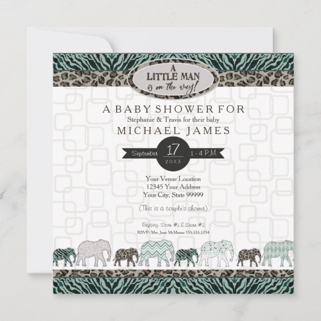 Invitación Niño pequeño niño Safari Elefantes Zebra Shower (Anverso)