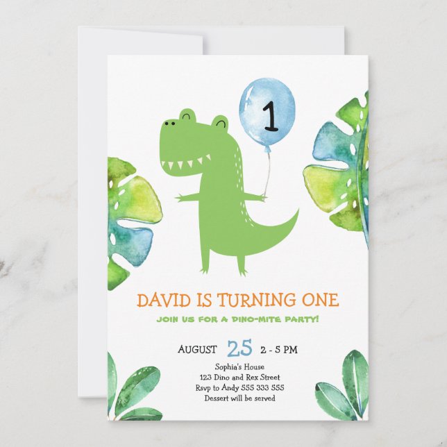 Invitación Niño pequeño T-Rex primer cumpleaños Dinomita Dino (Anverso)