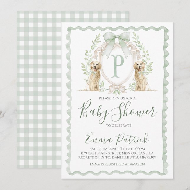 Invitación Niño Perro cachorro Baby Shower Preppy Sage Green (Anverso / Reverso)
