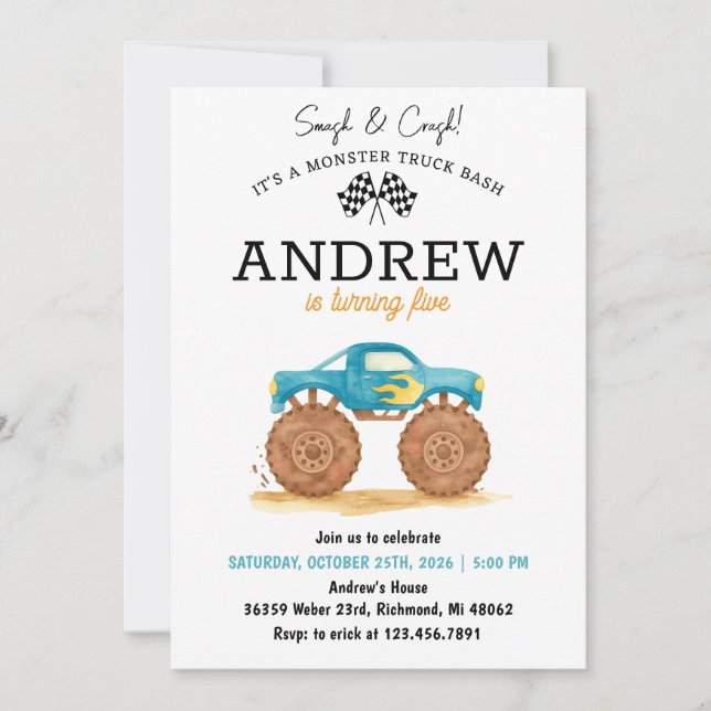 Invitación Niño personal Monster Truck Cumpleaños (Anverso)