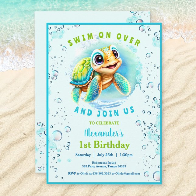 Invitación Niño Personalizado de niño de la tortuga del mar d (Cute Sea Turtle Invitation For a Boy. If you need for a girl, just visit the store :) Kate Eden Art)