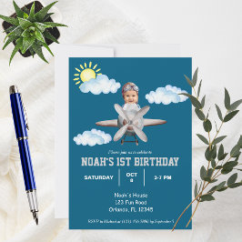 Invitación Niño Piloto, Avión y Nube, Foto Primer Cumpleaños